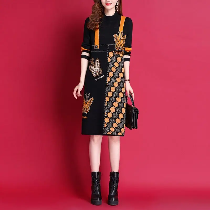 

Women Knitting Dresses For Autumn Winter 2022 New Fashion Vintage Patchwork Print Half High Collar Pullover Female Long Sweater