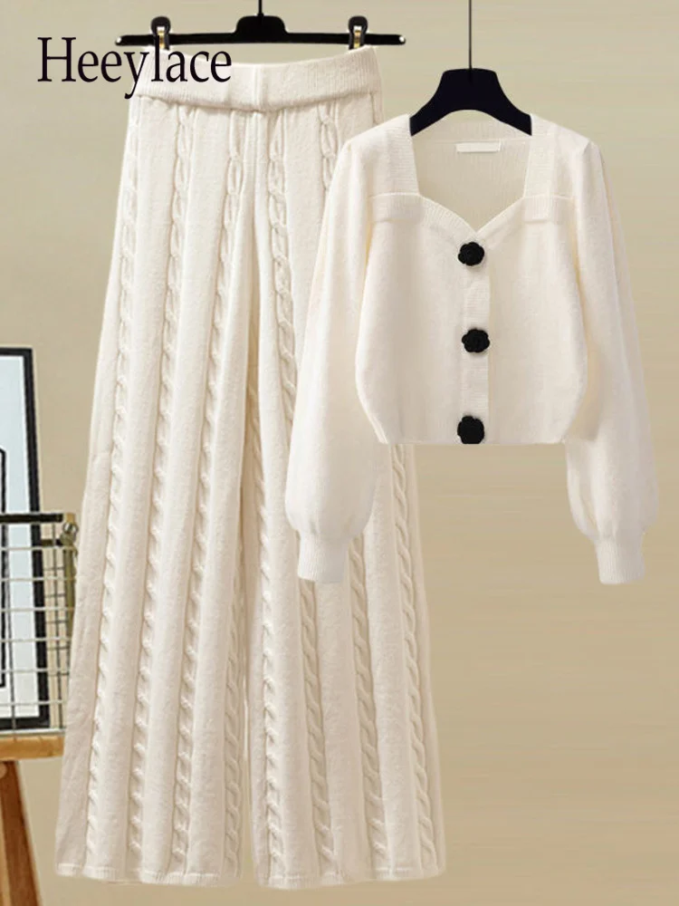 

Fall Winter Knitted Two Piece Sets Womens Outfits Office Lady Elegant Square Collar Sweater And Twist Wide Leg Pants Sets 2022