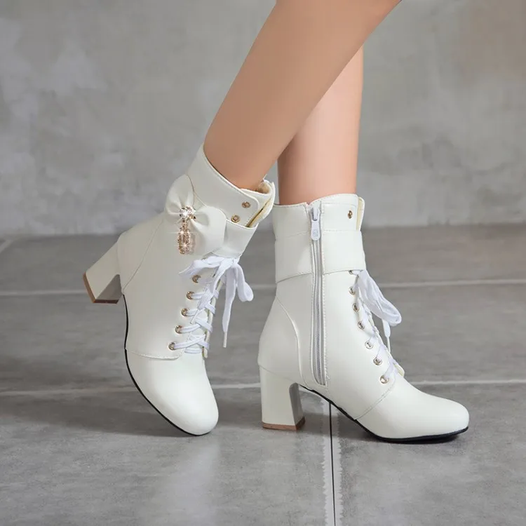 

winter The New fashion British style Round head High heels Martin boots black white Pink sweet Bow High heels Women boots 33-43