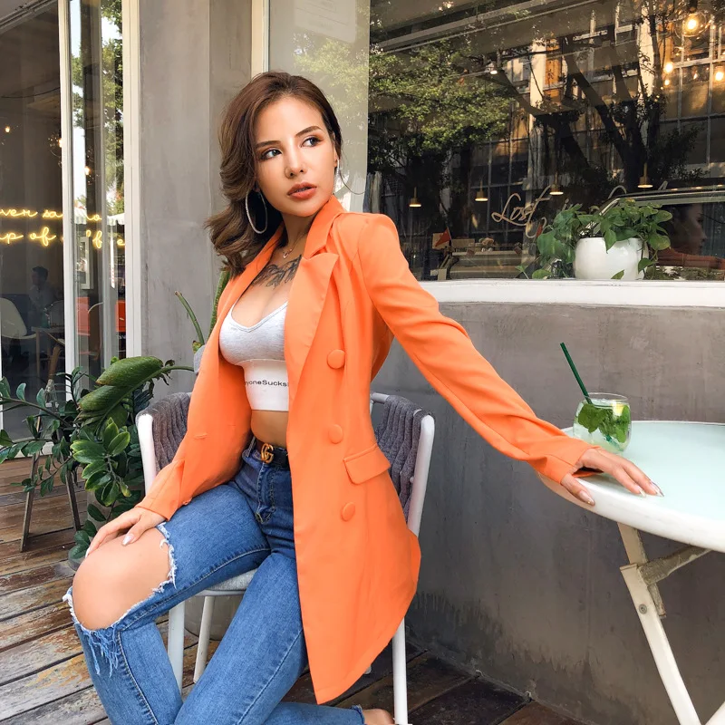 Orange Fahsion Commute Blazers Women Street Indie Mid Length Solid Colors Single Breasted Suit 2023 Spring Autumn New Y2k Blazer