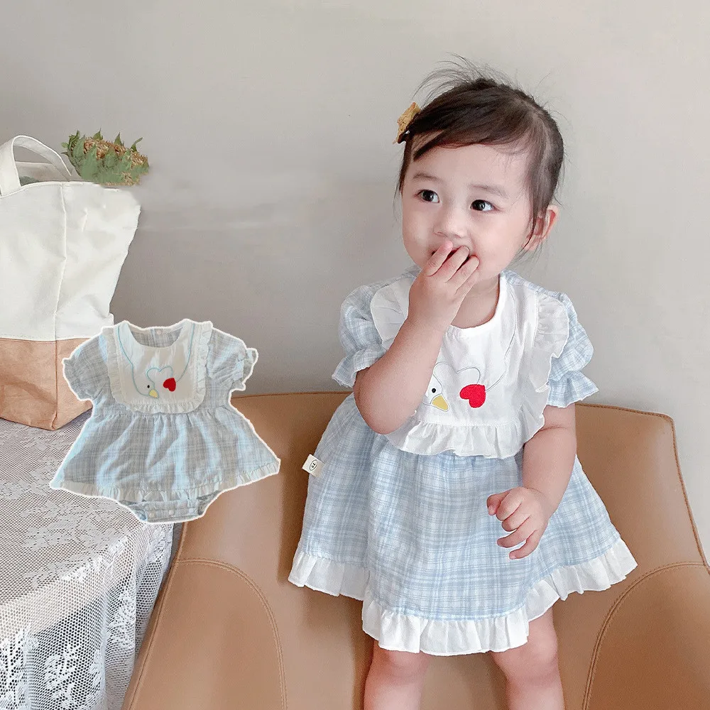 

Baby Girl Plaid Boutique Romper Infant Handmade Embroidery Flower Cotton Jumpsuit Newborn Baptism Rompers Christening Clothes