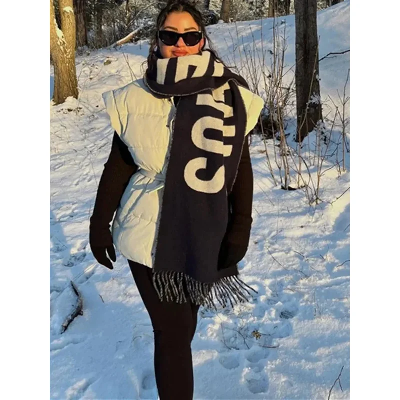 Шарф унисекс с надписью жаккардовая шерстяная теплая Модная шаль бахромой