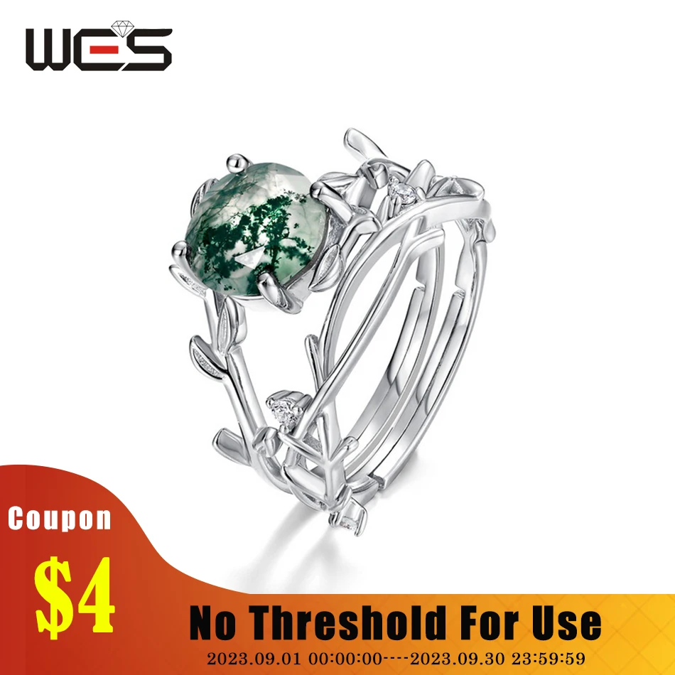 

WES 925 Sterling Silver Natural 8*8mm Moss Agate Gemstone Rings For Woman Party Wedding Engagement Fine Jewelry Elegant Trendy