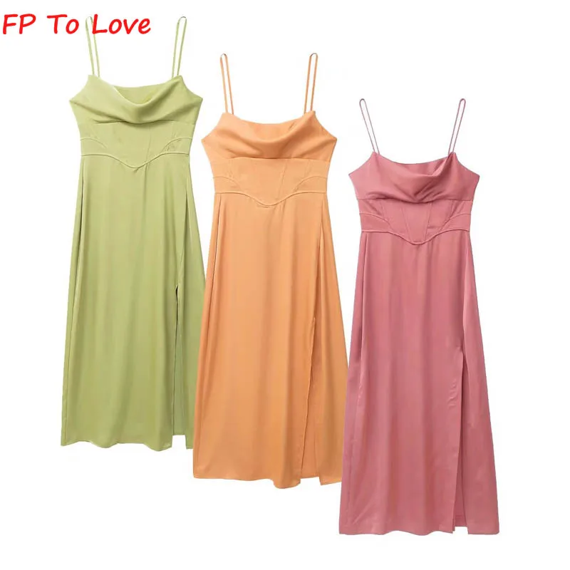 

2022 French Summer Pink Retro Erotic Lingerie Midi Dress Green Sling Side Slit Satin Evening Dress Yellow Women
