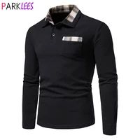 mens black long sleeve polo shirts 2022 classic plaid collar polo t shirt men slim fit golf polo shirt with pocket polos hombre