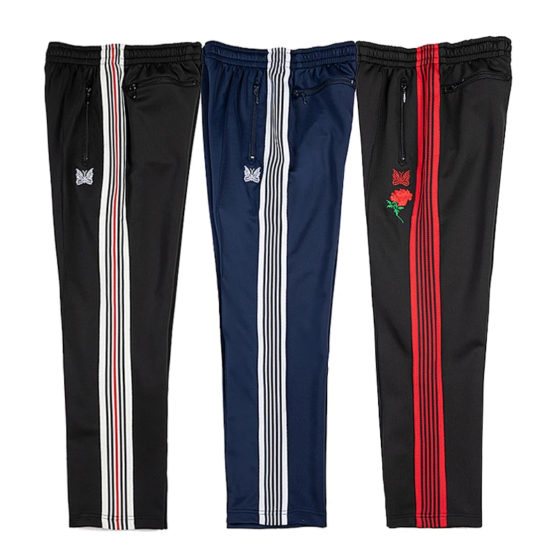 Top Version Stripes Needles Pants Men Women Poly Smooth Awge Track Pants Butterfly Embroidery Logo Trouser Hip Hop Pant