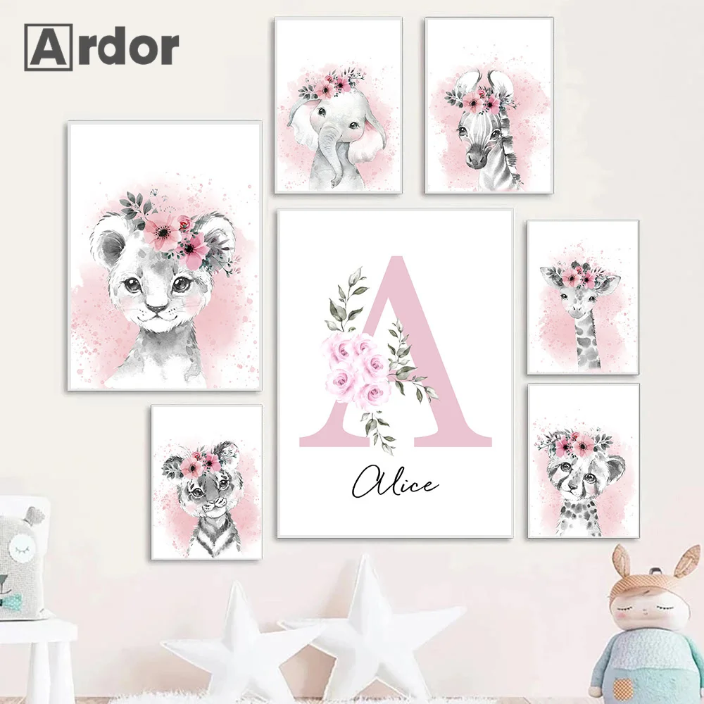 

Nursery Canvas Art Print Elephant Lion Poster Custom Name Painting Giraffe Flower Posters Nordic Wall Pictures Girls Room Decor