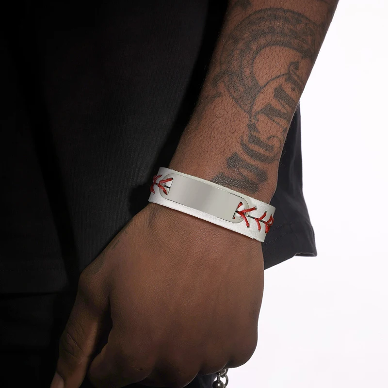 Vnox Free Custom ID Bracelets for Men Male Genuine Leather Bracelet with Baseball Style Boys Casual Sports Gift Jewelry |