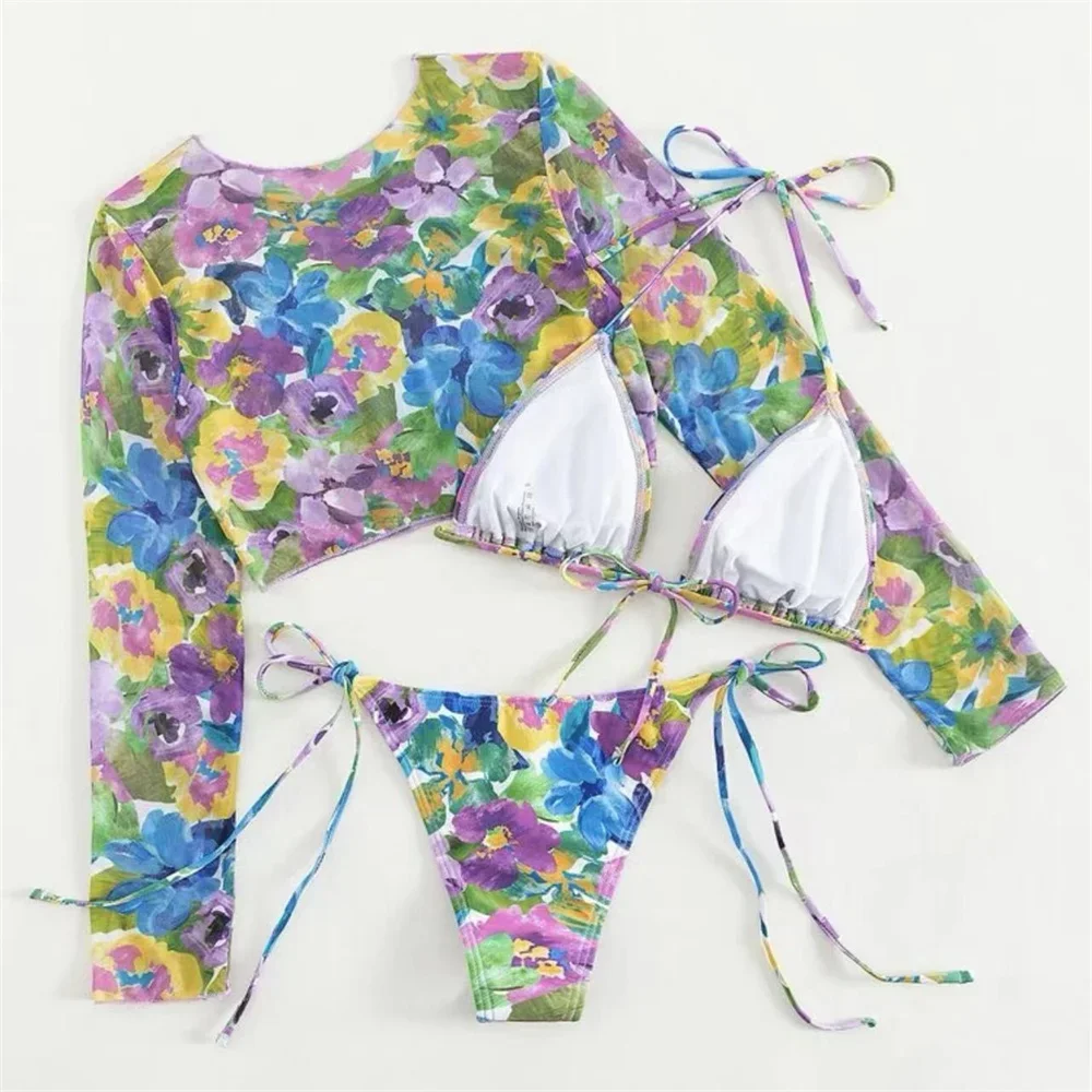 Милый бикини с цветочным принтом микро-стринги купальник Y2K укороченный топ