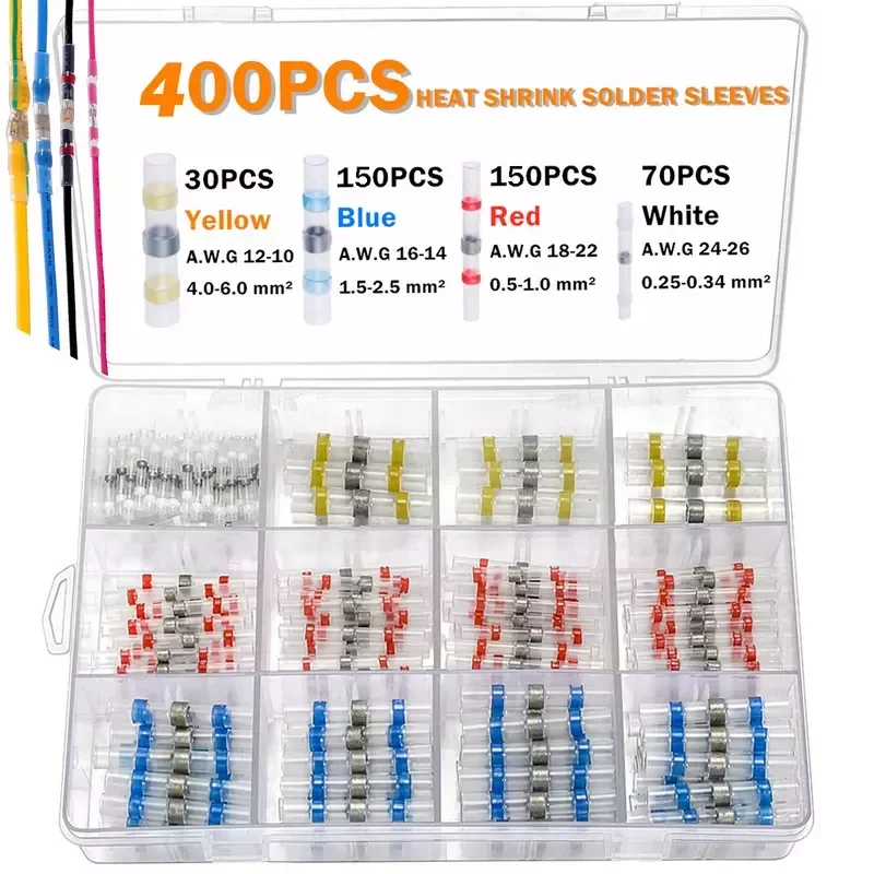 

400PCS Heat Shrink Connect Terminals Waterproof Solder Sleeve Insulated Tube Electrical Butt Wire Connectors Kit