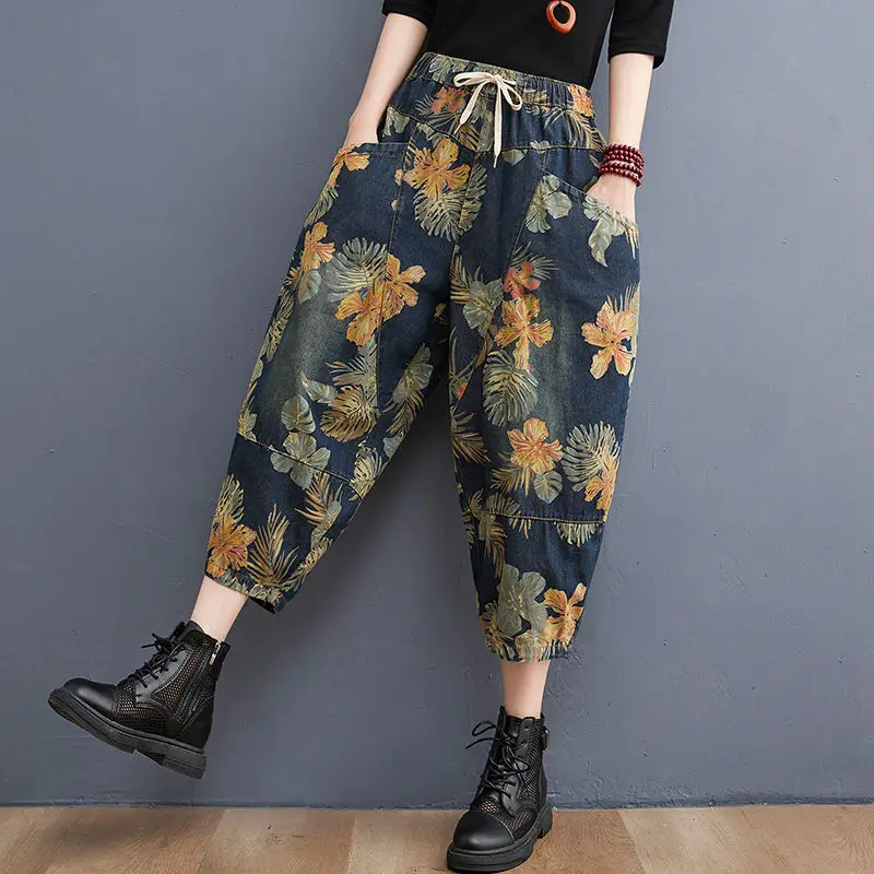 

2022 New Arrival Summer Women Casual Vintage Print Cotton Denim Ankle-length Pants Elastic Waist Loose Harem Pants Jeans P259