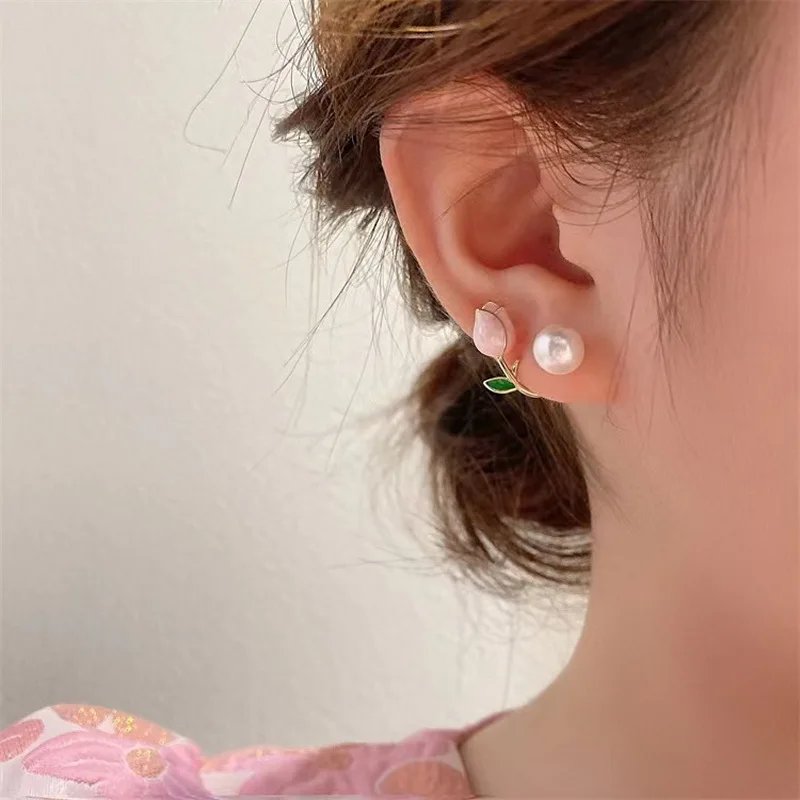 

Luxury Pink Tulip Flower Pearl Stud New in Earrings For Women Korean Zircon Exquisite Earring Party Christmas Jewelry Gifts