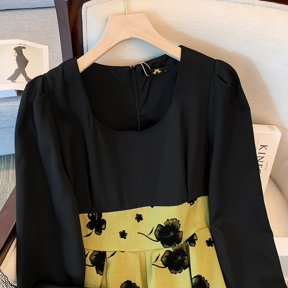 Весенне-осеннее женское повседневное платье больших размеров черно-зеленое