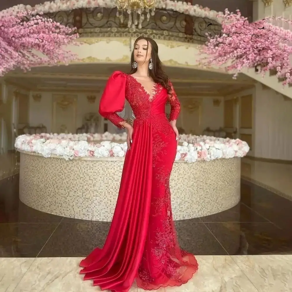 

Elegant Arabic Red Mermaid Evening Dresses For Women long Sleeves V Neck Celebrity Wedding Party Gowns Lace Appliques Peplum