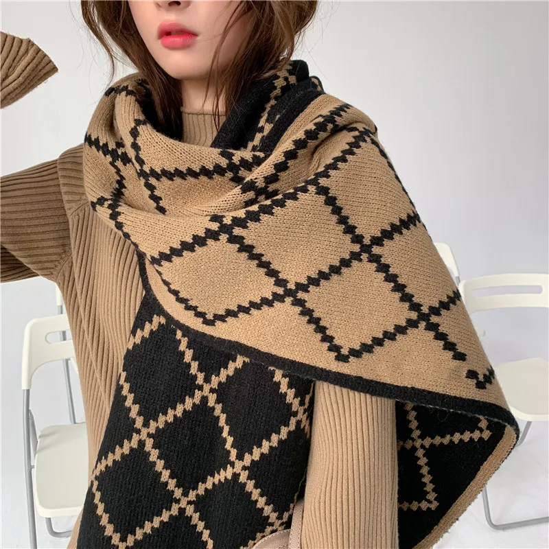 

Winter Women Scarf Double Side Knitted Cotton Shawl Wrap Diamond Lattice Designer Scarves Luxury Brand Foulard Female Bandana