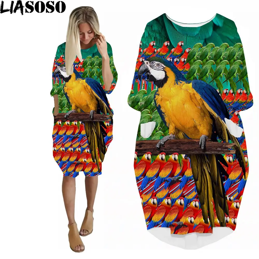 

LIASOSO 3D Print Summer Lady Cake Dress Bird Pretty Parrot Head Colored Trend Street Party O-Neck Short Sleeve Knee Length Dress