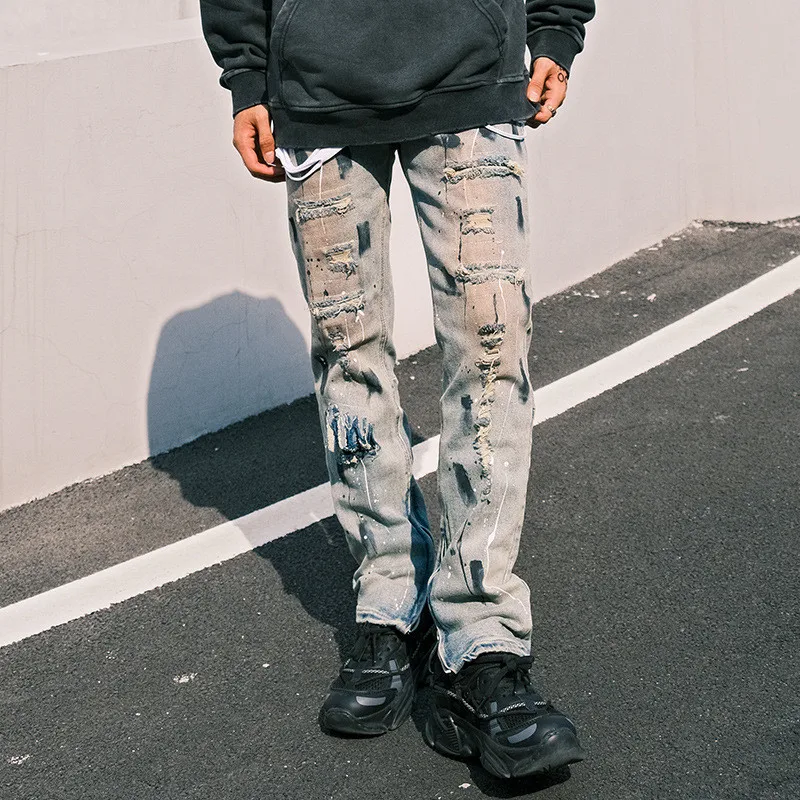 

Men's Hi Street Destroyed Painted Jeans Pants Fashion Streetwear Vintage Retro Ripped Denim Trousers Washed Straight Fit