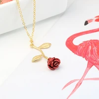 rhinestone pendant necklace fashion women jewelry red rose flower chain crystal red rose necklace