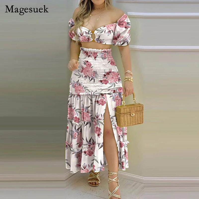 

Женское шифоновое платье с цветочным принтом, богемное платье с вырезом лодочкой и коротким рукавом, Привлекательный комплект из двух пред...