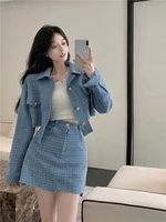 chic high streetwear two pieces denim dress set for women spring summer long sleeve crop jacket outwear mini skirt lady suits
