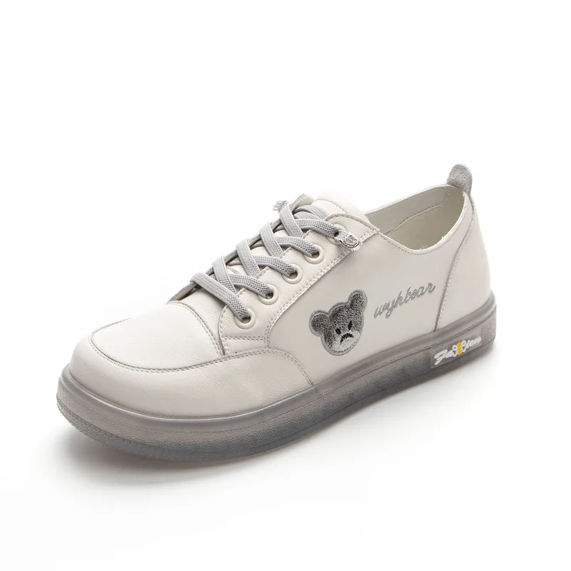 Women Flat Shoes  Sneakers Genuine Leather Lace Solid Color Non-slip Breathable  Casual