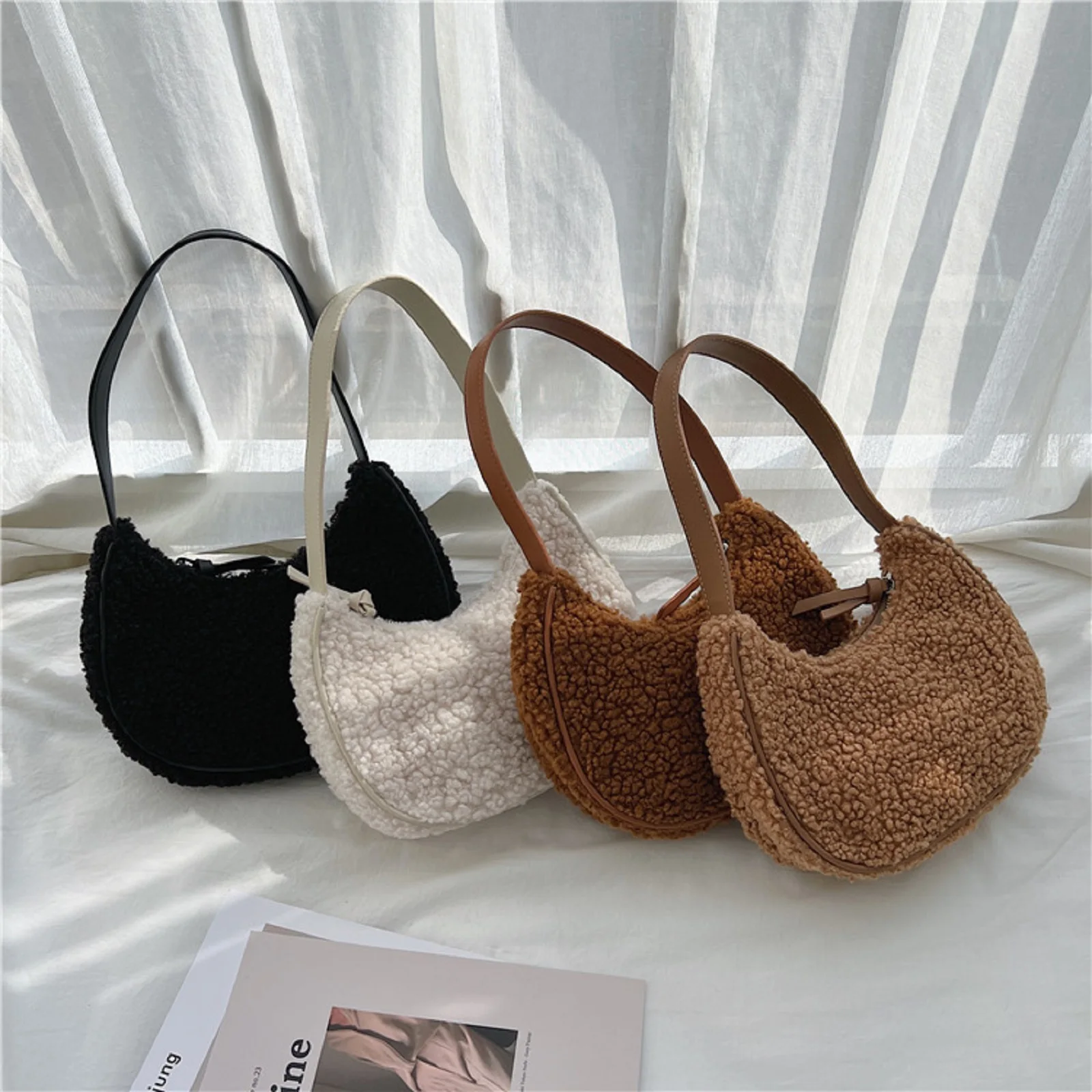 

Women Fashion Top-handle Bags Cashmere Surface Solid Color Casual Hanging Portable Package Ladies Shoulder Bags