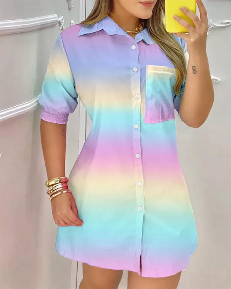 

Summer Women Short Sleeve Long Shirt Mini Dress Printed Turn-down Collar Shirt Dress Fashion Loose Shirt Dresses for Women 2022