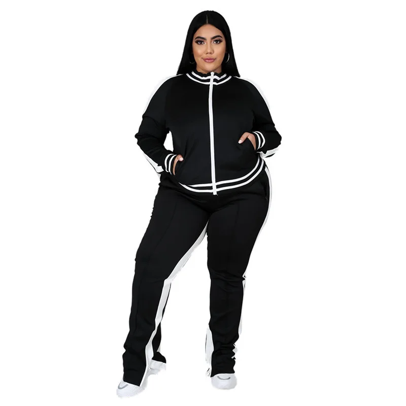 Plus Size L-5xl Two Piece Set Women Zipper Striped Top Slit Pants Casual Jogger Outfit Matching Set Mujor Who 3xl 4xl 5xl 6xl