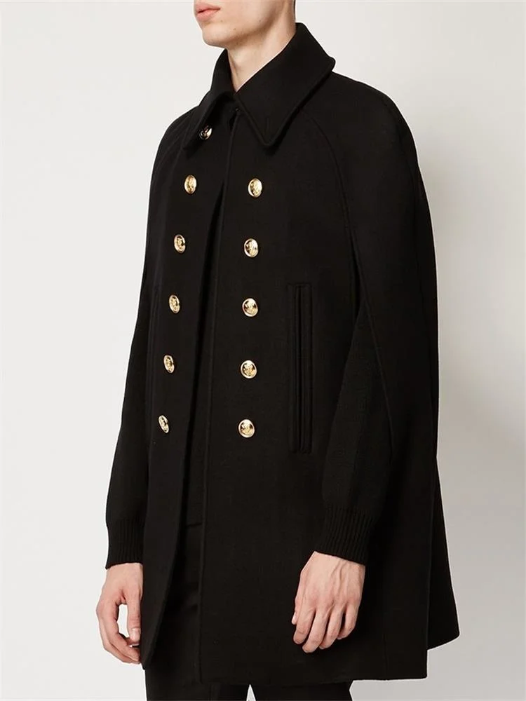

Coat Men's Black Slim Fit Spring And Autumn New Men's Cloak Shawl Sleeveless Simple Double Breasted Coat Autumn And Winter