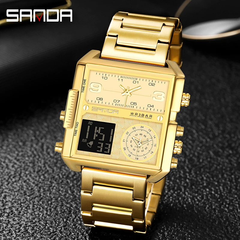 

SANDA Mens Watches Luxury Gold Strap Multifunctional Square Dial Design Luxury Personality Men Quartz Watch Luminous Waterproof