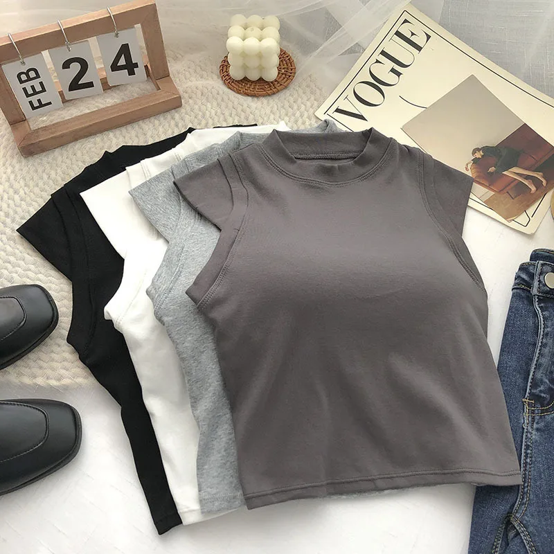 

ABRINI Casual Crop Tops Sleeveless Tops Knitted For Women Chic Camisole All-Match Women Cotton Tank Tops With Bra Pad Spring