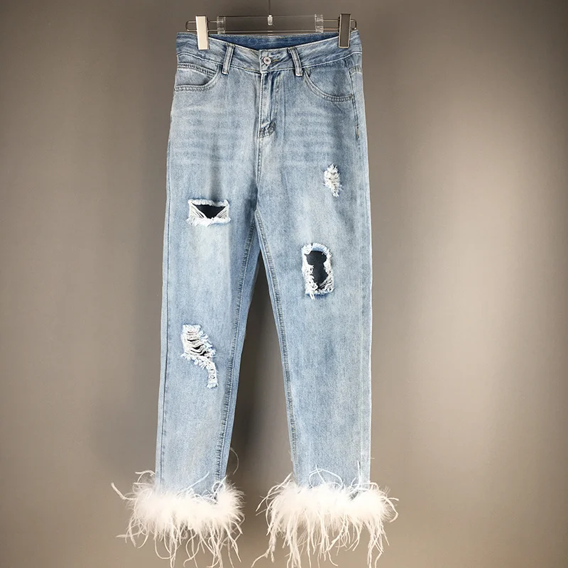 

Women Feather Trim Denim Jeans Ripped Summer Ostrich Feather Trousers Jeans Female Pants With Feather On The Bottom High Waist