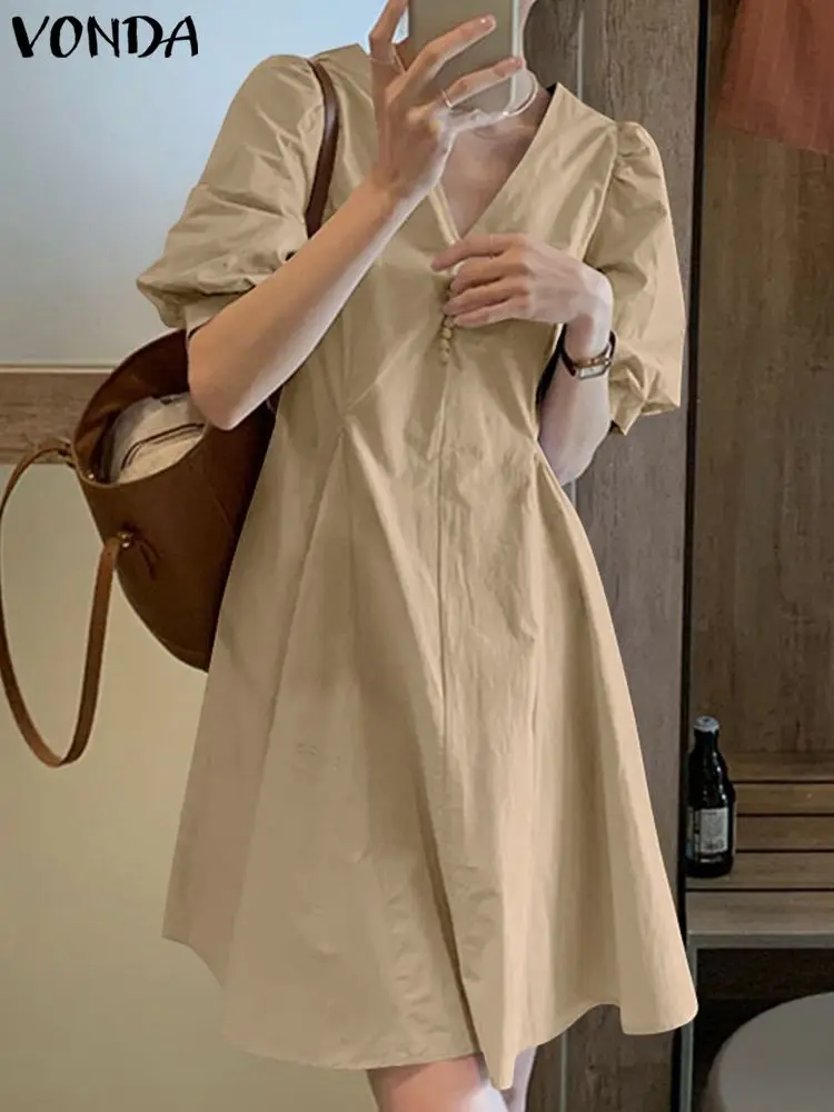 

Женский короткий сарафан VONDA на пуговицах с коротким рукавом, однотонное вечернее платье с V-образным вырезом, праздничная Туника большого р...