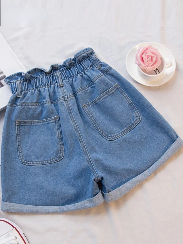 Summer Black Women Denim Shorts Women S-5XL Harem Ruffled White Blue High Waisted Shorts Female Elastic Short Jeans