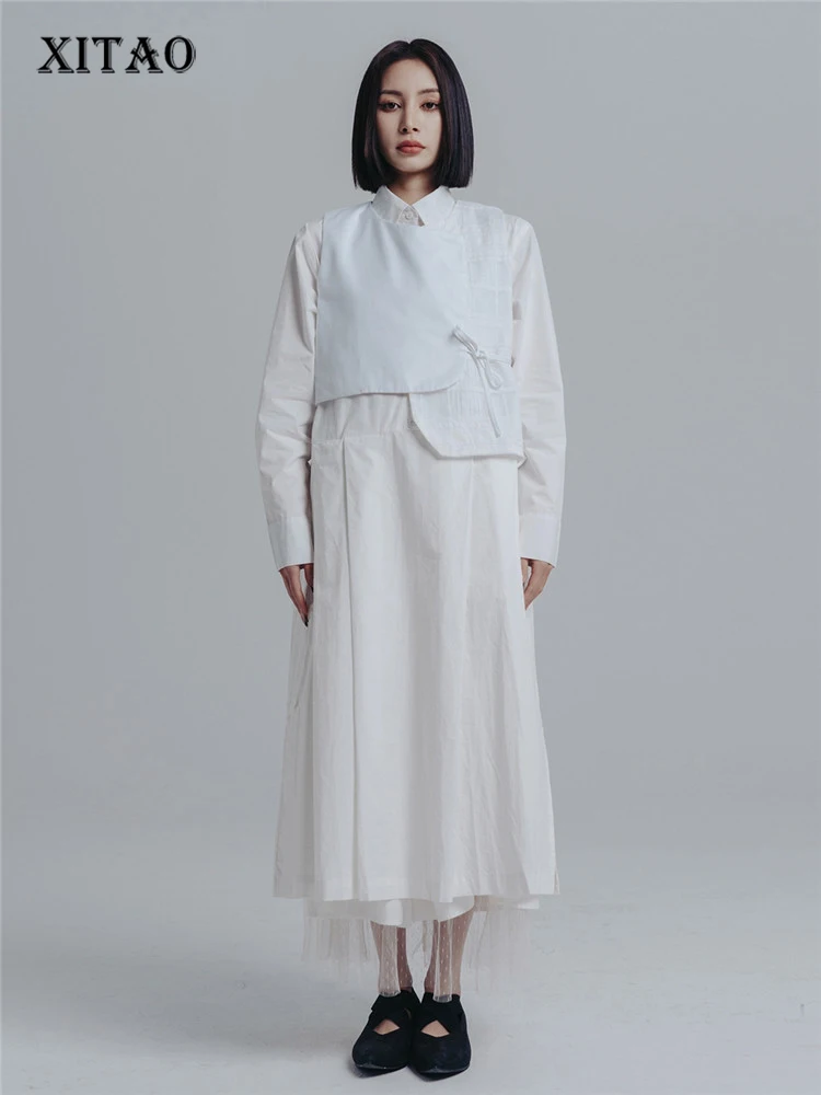 

XITAO Two Piece Set Women Fashion White Goddess Fan Full Sleeve Goddess Fan Pleated Top Elastic Waist 2022 Spring WMD5270