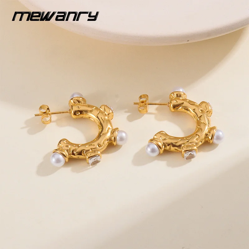 Серьги-гвоздики Mewanry из нержавеющей стали 316L с цирконом и жемчугом текстурные