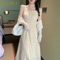 n girls sets women french summer new tender knitting cardigan floral dresses soft mid calf all match mujer spaghetti strap