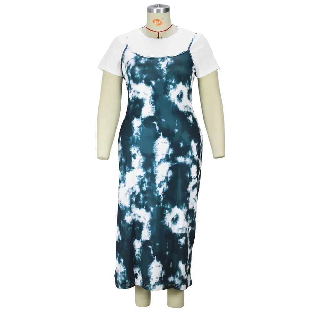 Plus Size Women Sets Solid Shirts And Tie Dye Print Dresses 2022 Summer Fashion Two Piece Set Sexy Female Casual Club Outfits
