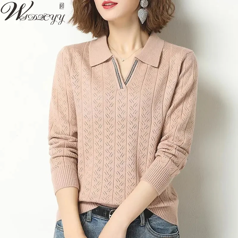 

Hollow Out Sweater Women Casual Peter Pan Collar Knitted Pullover Solid Autumn Winter Harajuku Clothes Loose Designer Sweater