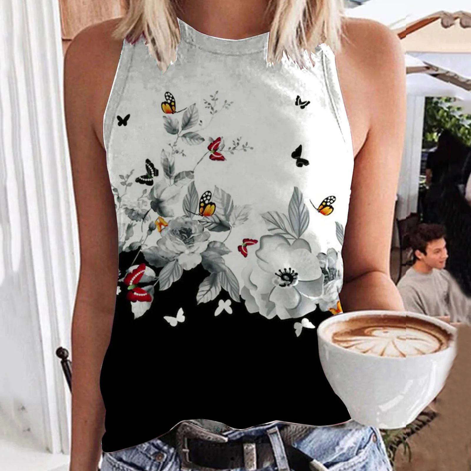 

Майка женская с цветочным принтом, Повседневная рубашка с круглым вырезом, топ без рукавов, свободная кофта с разрезом, лето 2022