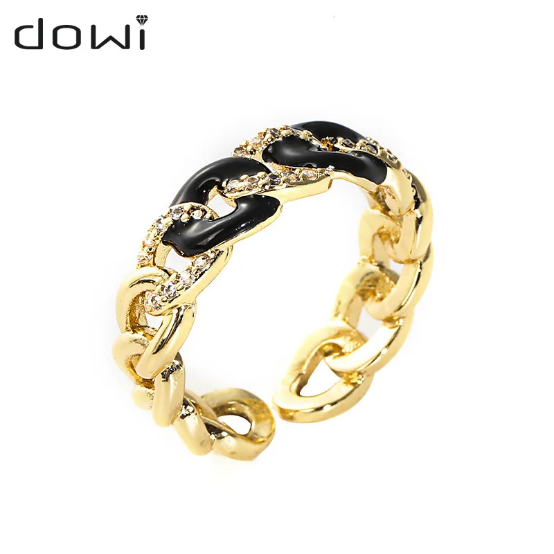 

Dowi New Hollow Chain Design Ring Brass Gold Color Zircon Accessories Drop Oil Chain Ring