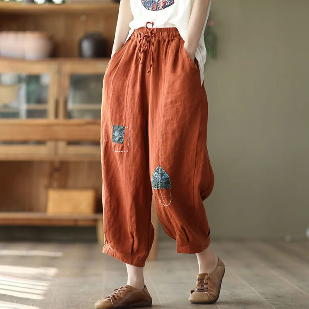 Summer New Women's Retro Ethnic Style Patch Embroidered Cotton And Linen Elastic Waist Casual Harem Pants For Women