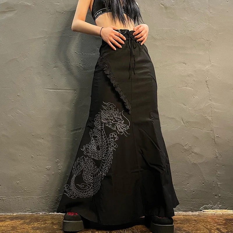 

Dragon Print Midi Skirts Lace Tie Up Goth Black Long Skirts Women Vintage Punk Korean Pleated Skirts Streetwear Retro