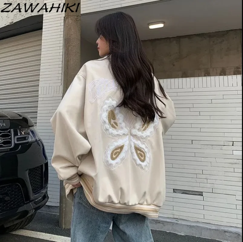 

Spring Autumn Preppy Korean Loose Versatile Long Sleeve Overcoat Vintage Letter Embroidery Butterfly Graphic Chic Designed Top