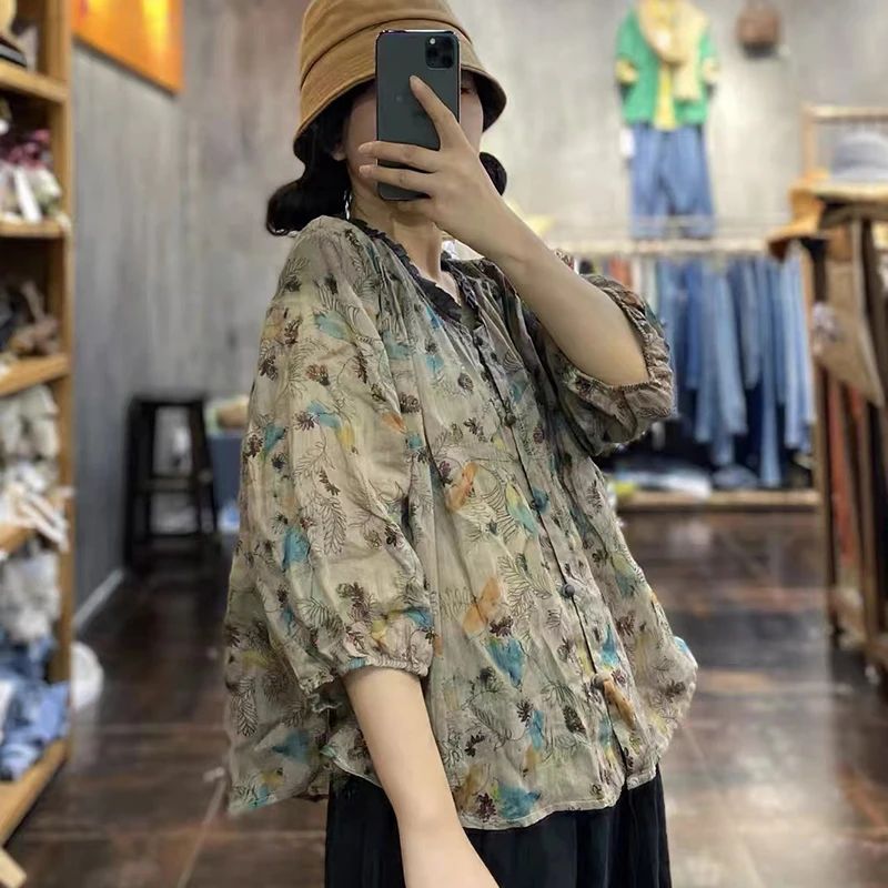 Женская свободная рубашка с коротким рукавом однобортная блузка из хлопка и льна