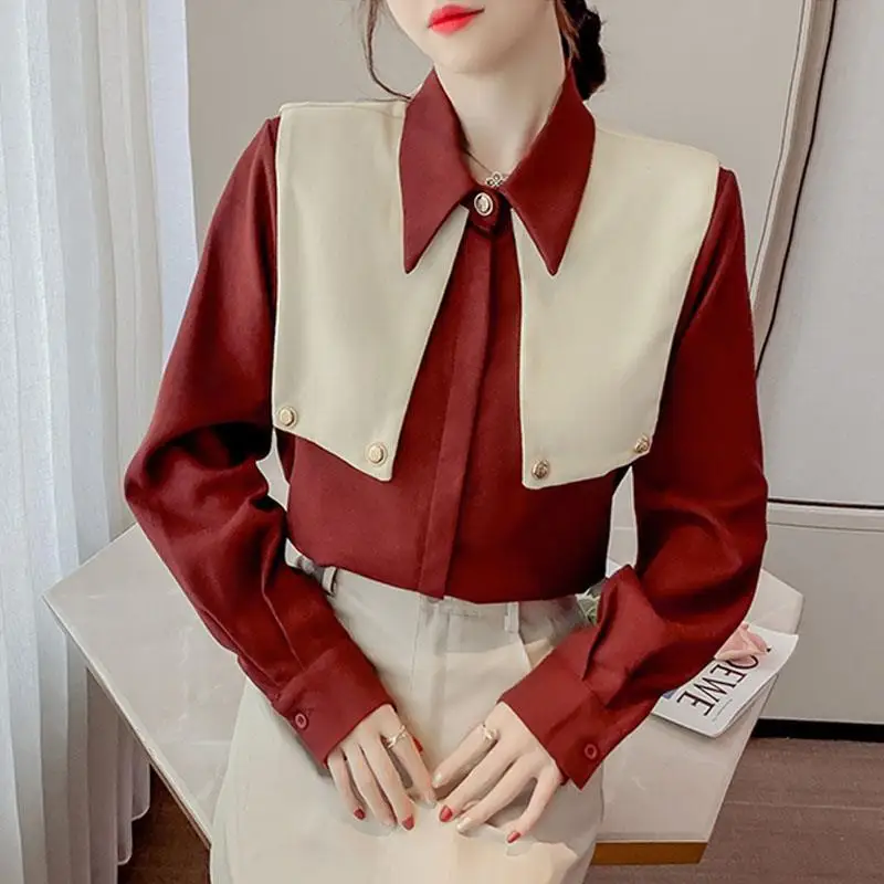 Autumn and Winter Thick Corduroy Shirt Women 2022 Long Sleeve Contrast Color Shawl Fake Two-Piece Top Blouse Women