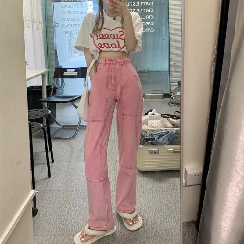 

MINGLIUSILI Pink Baggy Jeans Egirl Y2k Fashion 2021 Denim Trousers Women High Waist Oversize Streetwear Casual Solid Color Pants