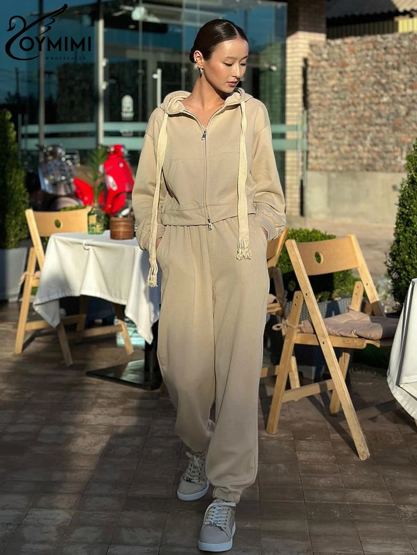 

Oymimi Winter Loose Khaki Tracksuit 2 Piece Sets Women Outfit Fashion Long Sleeve Zip Top With High Waist Pants Set Streetwear