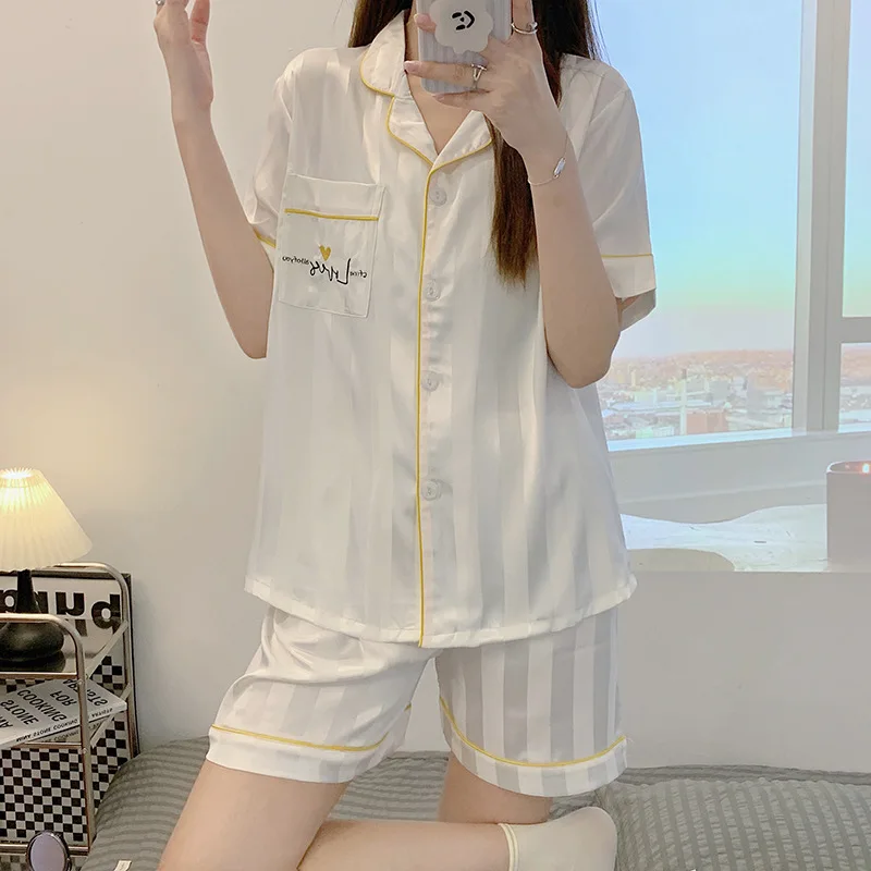 2023 new ice silk nightdress short sleeve+shorts two piece women pajamas set summer sleepwear imitation home clothes