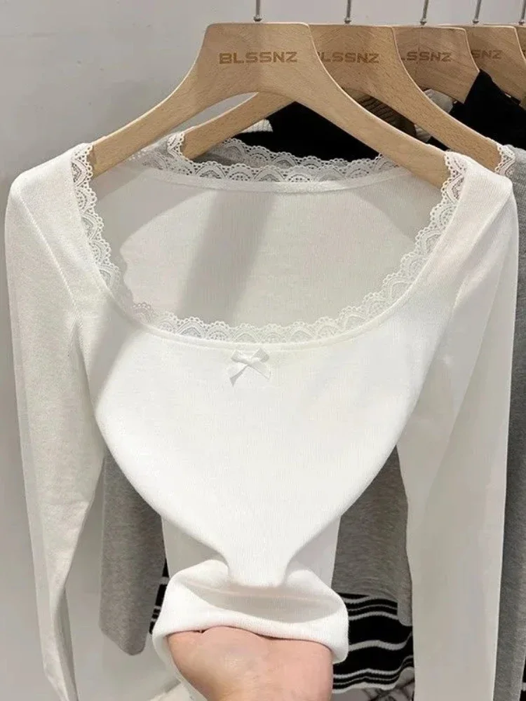 Весенние топы с бантом Y2k женские белые тонкие кружевные квадратным вырезом